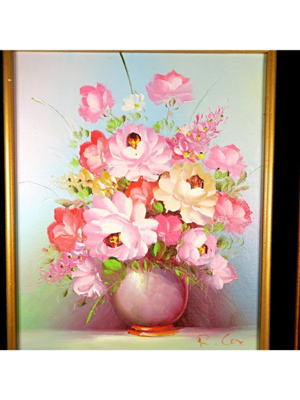 Robert Cox 14x15" Signed Oil Painting Pink Rose Bouquet Vintage Floral Art - Picture 6 of 10